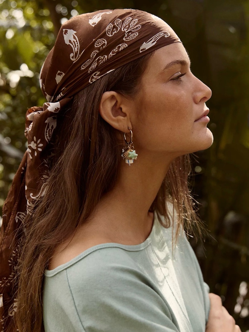 Free People Brown Bandana Head wrap White Paisley Print So Silk Scarf Top Belt